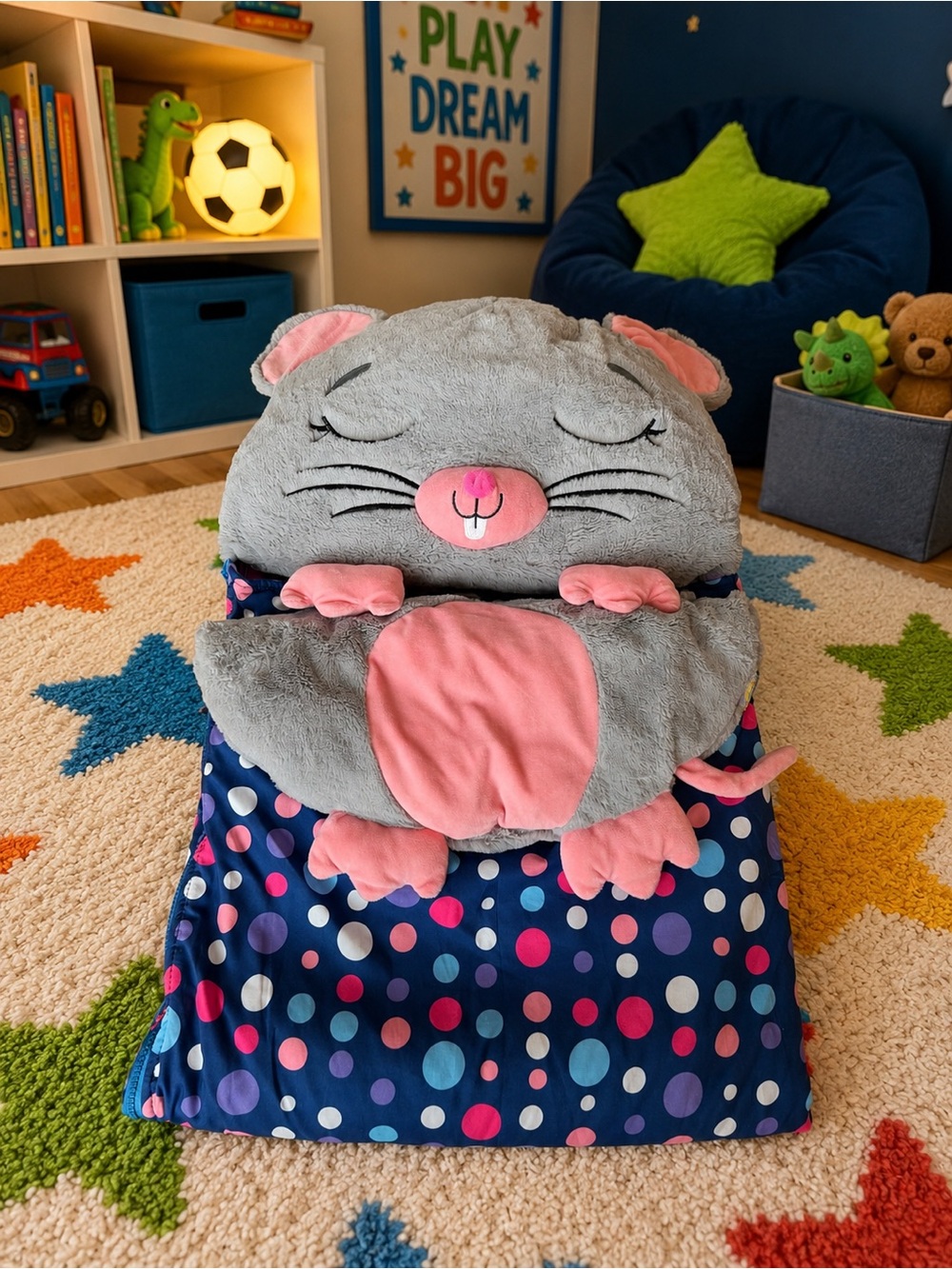 Happy Nappers Kids Plush Sleeping Bag with Grey & Pink Mouse Hood